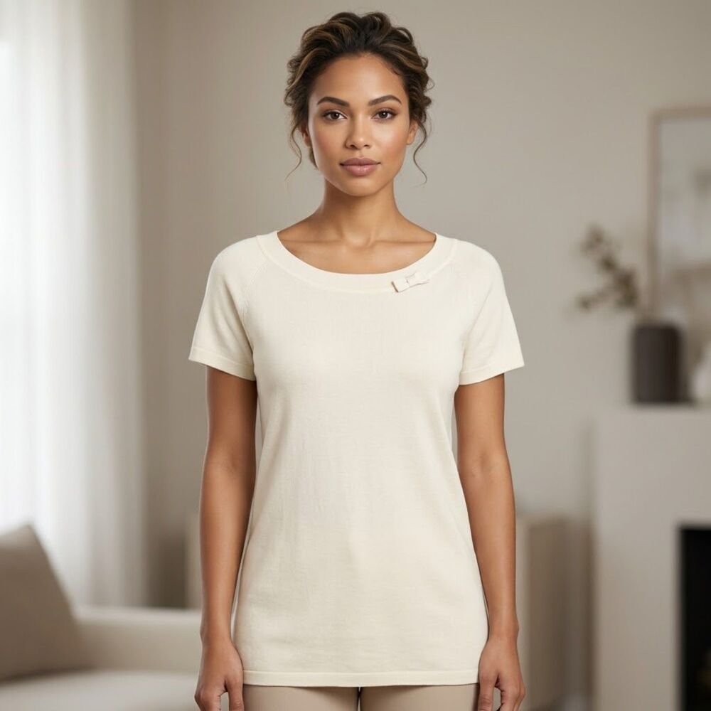 SAG HARBOR Women Top Size S/M Cream Ivory Short Sleeve Scoop Neck Bow Detail